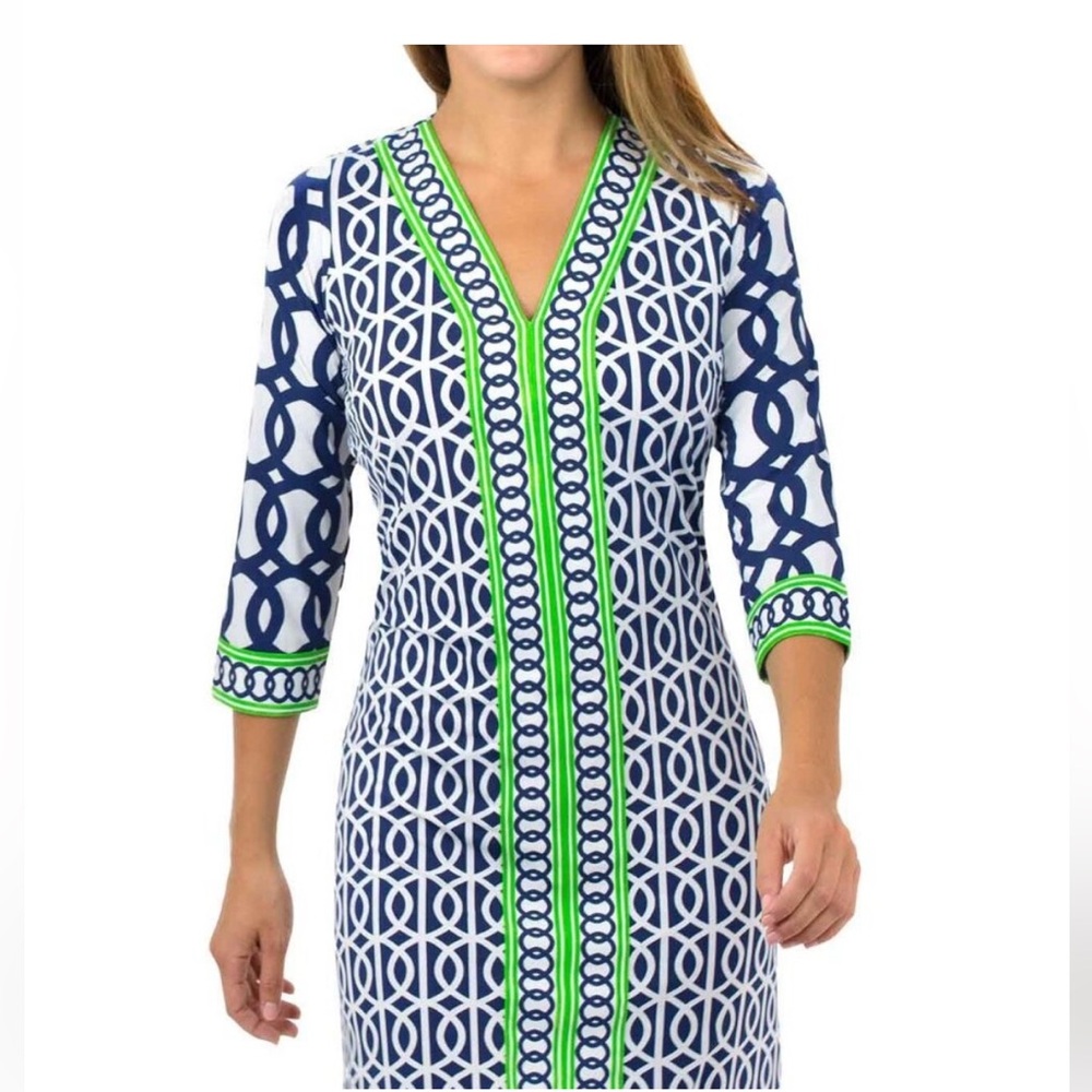 Gretchen Scott Designs Navy, White & Lime Green Geometric V-Neck Dress